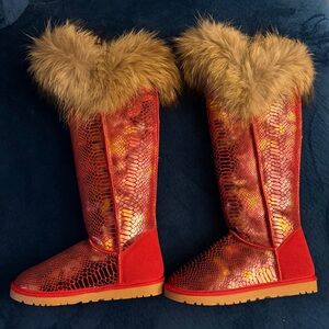 Spice Mona Boot Custom Red Snake Patterned Women's Winter Boots with Faux Fur